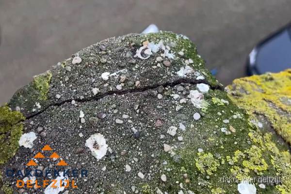 Beschadigde en verweerde nokvorst met scheuren en mos in Delfzijl Beschadigde en verweerde nokvorst met scheuren en mos in Delfzijl